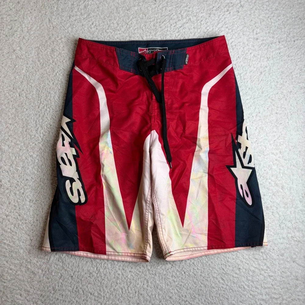 Alpinestars Astars Mens Red Navy Board Shorts Y2K Paratrooper Swim Trunks 30